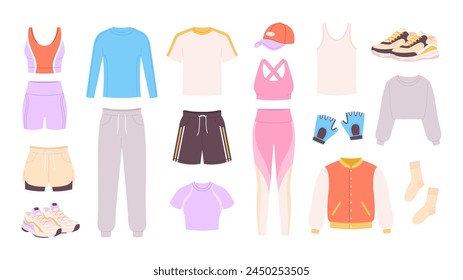 Sport outfit. Athletic wear and shoes for men and women. Unisex outdoor and home workout clothes, fashion training t-shirt, racy vector set