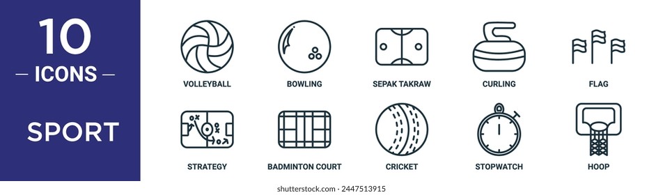 sport outline icon set includes thin line volleyball, bowling, sepak takraw, curling, flag, strategy, badminton court icons for report, presentation, diagram, web design