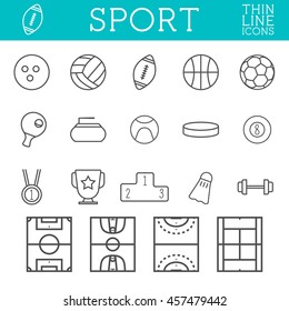 Sport outline icons, trendy thin line design, isolate on white background. Soccer, volley ball, basketball, hockey and other games. Use on web and mobile application, infographics. Vector line art,