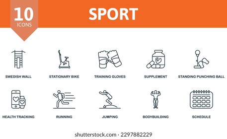 Sport outline set. Creative icons: swedish wall, stationary bike, training gloves, supplement, standing punching ball, health tracking, running, jumping, bodybuilding, schedule.