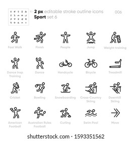 Sport outline vector icons. Handcycle, Bicycle, Bowling, Cross-Country Skiing, Swim Pool and others. Editable stroke 48 pixels