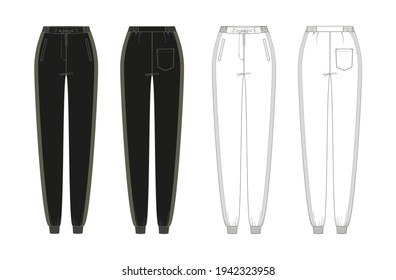 Sport pants in vector graphic. Woman joggers with stripes and pockets. Fashion Illustration template.Flat clothing sketch. Front and back views.