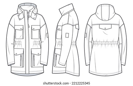 Moda técnica de Sport Parka Ilustración. Chaqueta de invierno, plantilla de dibujo plano de moda de Abrigo, cierre de cremallera, bolsillos múltiples, capilla, vista frontal, lateral y trasera, blanco, mujeres, hombres, maquillaje CAD unisex.