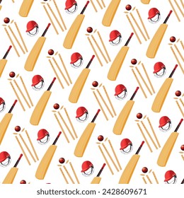 Sport pattern. Cricket retro background. Seamless pattern of cricketer accessories. Bat, ball, wicket, symbols. Pattern for design, web, backdrop, tee design, t shirt etc. Vector eps