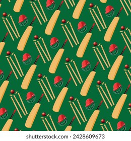 Sport pattern. Cricket retro background. Seamless pattern of cricketer accessories. Bat, ball, wicket, symbols. Pattern for design, web, backdrop, tee design, t shirt etc. Vector eps
