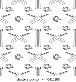 Sport pattern. Cricket retro background. Seamless pattern of cricketer accessories. Bat & ball symbols. Pattern for design, web, backdrop, tee design, t shirt etc. Vector.