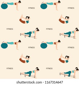 Sport pattern - pilates, fitness - girls with ball, ribbon, stretching - light background - vector
