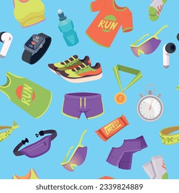 Sport pattern. Run marathon items tshirt sneakers fitness clock. Vector seamless template