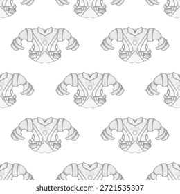 Padrão de esporte com ombreiras. Almofadas granuladas isoladas para jogar hóquei no gelo. Pontos em tons de cinza. Equipamento de hóquei. Ilustração de vetor de repetição.  