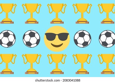 sport pattern with trophy,soccer ball and cool face emoji on light blue background,vector illustration