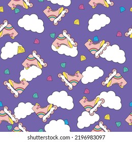 sport pattern vector. flat image of seamless pattern with roller skates, clouds and diamonds. cute bright color pattern with purple background