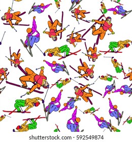 Sport pattern. Pattern. Winter pattern. Winter sports - Aerial skiing (half-pipe, superpipe or slopestyle). Freestyle skier during a jump . Aerialist on ski. Flat style clip art.