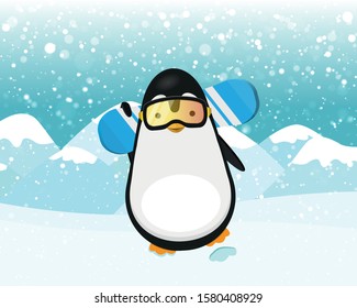 Sport Penguin With Blue Snowboard and yellow Protective Mask. Snowboarding Goggles on snowy mountains background. Stock Vector Illustration.