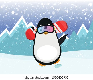 Sport Penguin With Red Snowboard and colorful Protective Mask. Snowboarding Goggles on snowy mountains background. Stock Vector Illustration.