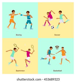 Sport people activities icon set Boxing, Soccer, Football, Badmiton, Basketball  isolated. Summer Games in modern flat design. Sporting Championship International Competition Vector Illustration eps10