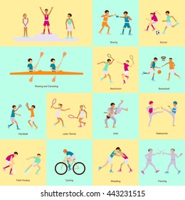 Sport people activities icons set boxing, soccer, rowing, canoeing, badminton, basketball, handball, lawn tennis, judo, taekwondo, field hockey, cycling, wrestling, fencing, Summer Games, vector eps10