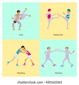 Sport people activities icons set judo, taekwondo, wrestling, fencing, isolated vector eps10