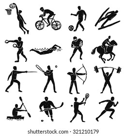 Sport people and athletes sketch black figures set isolated vector illustration