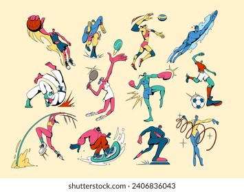 Sport people. Athletes tournament. Basketball and soccer. Football player. National games. Woman and man playing balls. Team competition. Boxer and swimmer. Snowboarding person. Vector sportsmen set