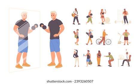 Sport people big set with athlete and sportsman, fitness woman and obese people of different age