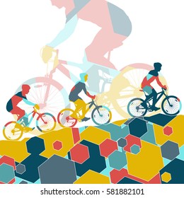 Sport people bike riders bicycle silhouettes in abstract mosaic background illustration vector