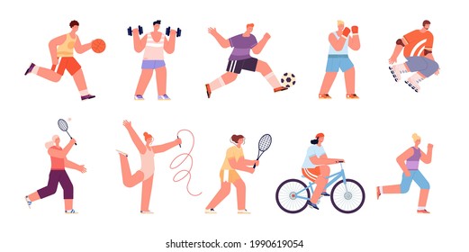 Sport people characters. Healthy women running, professional athlete. Person playing soccer, isolated sporting woman. Runner tennis player utter vector set