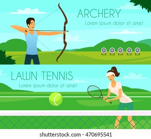 Sport people colorful horizontal banners with young girl playing tennis and archer shooting at targets flat vector illustration 