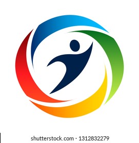 Sport people colorful web icon, vector logo, fitness symbol design, silhouette action sign, speed, workout, running, swimming, jumping logotype - Vector 