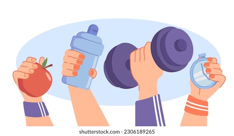 Sport people concept. Characters holding dumbbell, bottle of water and apple in their hands. Active lifestyle, fitness and training. Athletes and sportsmans. Cartoon flat vector illustration