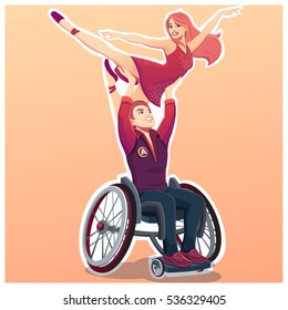 Sport For People With Disabled Activity. Young Beautiful Couple Dancing. Sticker. Man And Woman Dancing