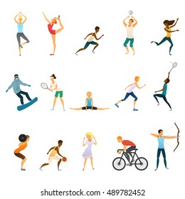 Sport people flat colored icons set of young men and women doing yoga and gymnastics playing tennis football volleyball isolated vector illustration