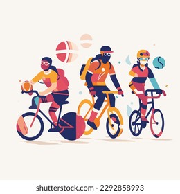 Sport people flat icons set with men and women cycling playing football and tennis isolated vector illustration