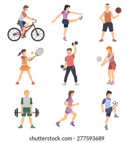 Sport people flat icons set with men and women cycling playing football and tennis isolated vector illustration