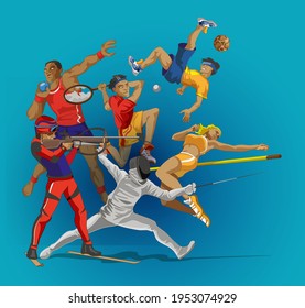 Sport people group. Collection of different sport activity. Professional athlet doing sport. Stylish card or banner for your sport design Vector illustration in cartoon anime style