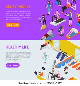 Sport People in Gym Healthy Life Concept Banner Horizontal Set Isometric View. Vector illustration