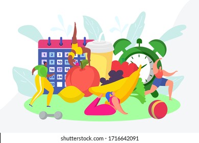 Gente deportiva y alimentación sana, ilustración vectorial. Alimentos frescos de frutas y verduras, dieta saludable. Las personas fitness y el deporte ejercitan el estilo de vida. Actividad diaria por pérdida de peso, calendario y reloj.