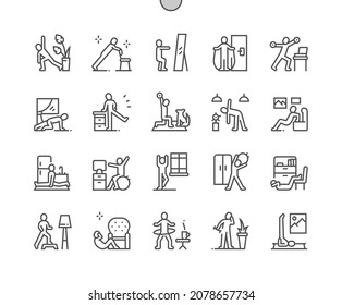 Sport people at home. Home workout. Exercising fitness. Activity, lifestyle. Pixel Perfect Vector Thin Line Icons. Simple Minimal Pictogram