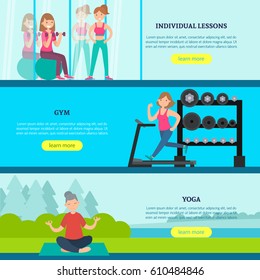 Sport people horizontal banners with individual lessons physical exercises in gym and yoga meditation in city park vector illustration