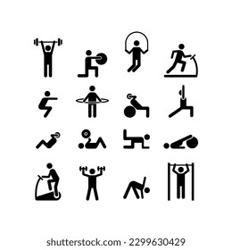 Sport people icons. Gym lifting warm-up stretch symbols, fitness poses pictograms, sports exercises athlete vector silhouettes