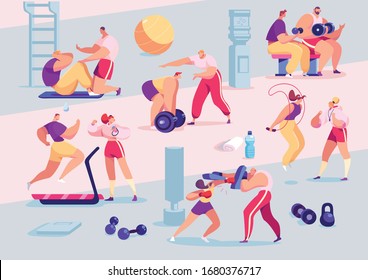 Sport people individual personal trainer coach in gym, cartoon sport characters workout vector illustration. Men women training exercising fitness center active healthy lifestyle. Yoga cardio training