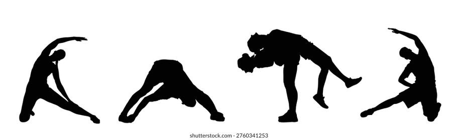 Sport people instructor exercise on training in gym vector silhouette. Losing weight bodybuilder. Personal trainer workout. Fit sport lady. Handsome girl stretching worming up. Man athlete skill boy