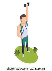 Sport people isometric. Exercise male athlete outdoor. Man sport activity workout ground. Human character of performing exercise with dumbbells isolated on white