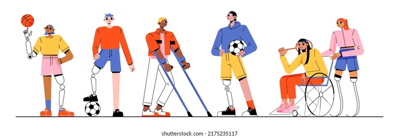 Deportistas, atletas paralímpicos con diferentes discapacidades. Ilustración vectorial plana de diversos personajes activos con prótesis y en silla de ruedas con raqueta de tenis, baloncesto y balones de fútbol