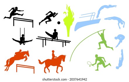 Sport people, professional athlete silhouette, male female character set, vector illustration. Football, tennis, artistic gymnastics, springboard platform diving, equestrian sport, horseback riding.