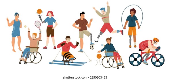 Sport people with prosthesis and in wheelchair. Vector flat illustration of active disabled characters training, play soccer, basketball, tennis, jogging, swim and skiing