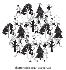 Sport people run in park black and white.  Group people run between trees. Monochrome vector illustration. EPS8