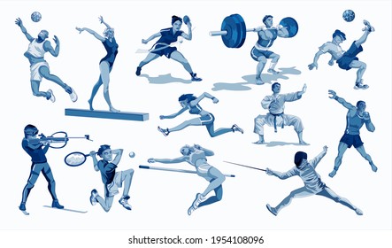 Sport people set. Collection of different sport activity. Professional athlet doing sport. Basketball, football,karate,tennis,sprint,gymnastic,weightlifter . Vector illustration in cartoon style