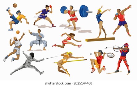 Sport people set. Collection of different sport activity. Professional athlet doing sport. Basketball, football,karate,tennis,sprint,gymnastic,weightlifter . Vector illustration in cartoon style