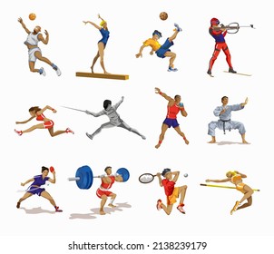 Sport people set. Collection of different sport activity. Professional athlet doing sport. Basketball, football,karate,tennis,sprint,gymnastic,weightlifter . Vector illustration in cartoon style