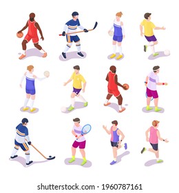 Sport People Set, Flat Vector Isolated Illustration. Isometric Basketball, Football, Volleyball, Hockey, Tennis Players And Athlete Runner. Professional Athletes Doing Sport.